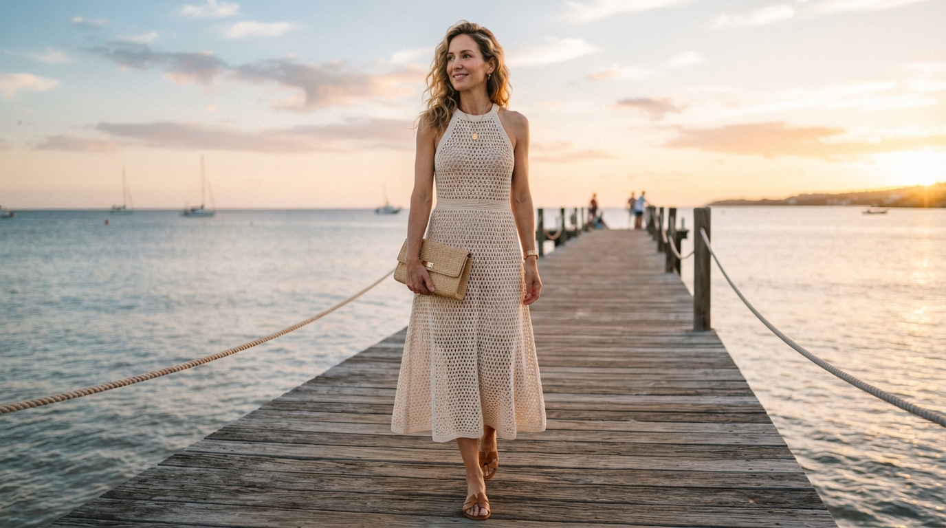 Crochet Knit Halter Midi Dress & Woven Clutch Bag